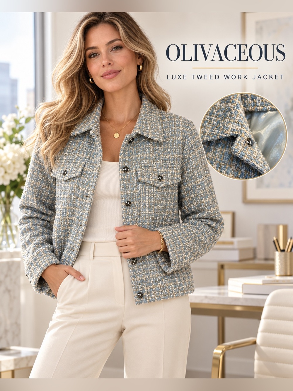 Stunning Olivaceous Blue Gold Tweed Work Jacket Size Small
